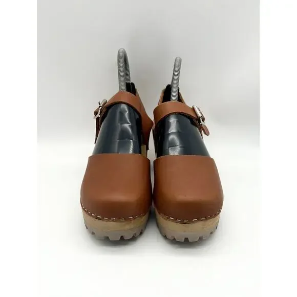 Freja Clogs Women Size 6.5 Cinnamon Brown Leather Sweden Wood Rubber Base Mules - Picture 2 of 6